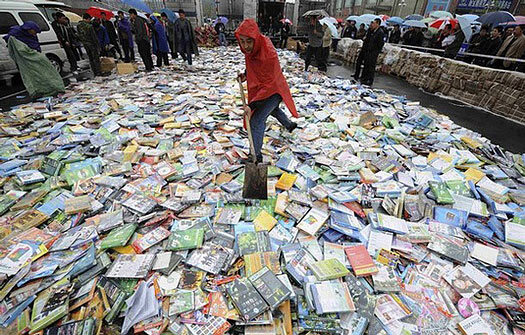The essay's image: shovelling pirated DVDs