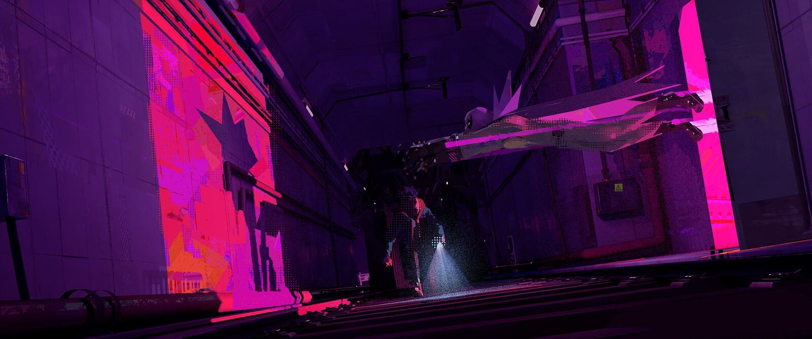 Spider-Verse: an alley flooded pink and violet