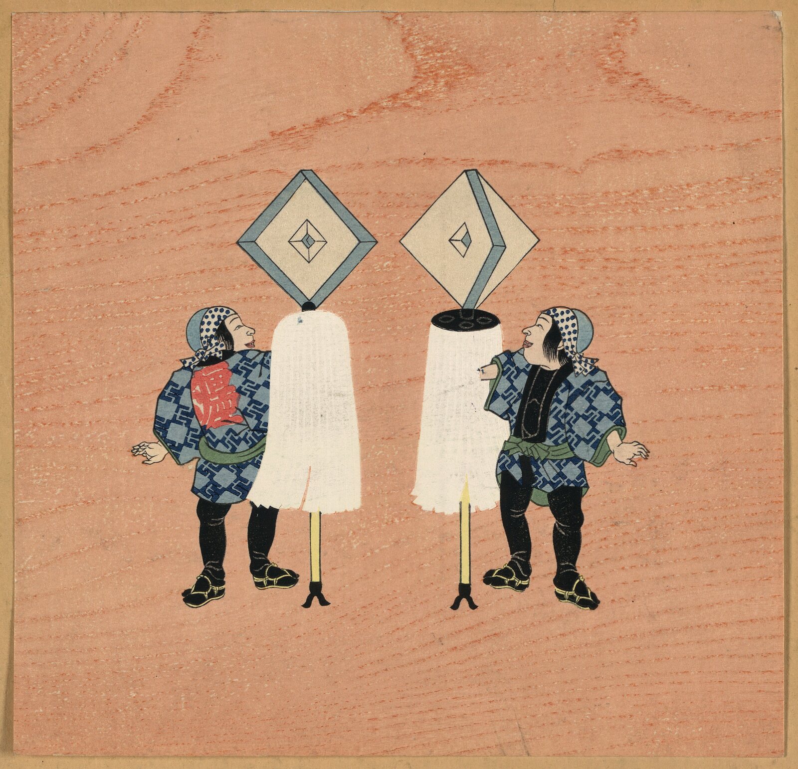 Two firemen holding the standards of their companies