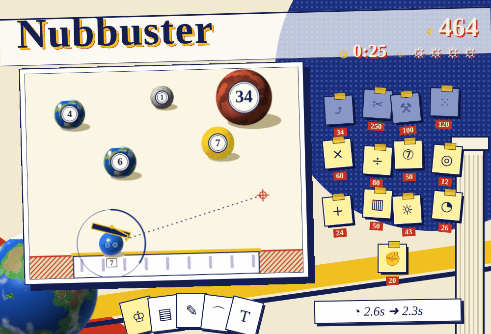 kitB_collage.png: early mockups (`docs/design/reference/`), when the game was "Nubbuster". They show the airy CD-ROM page, navy and primaries, serif titles and playful overlap. The shipped game is quieter.