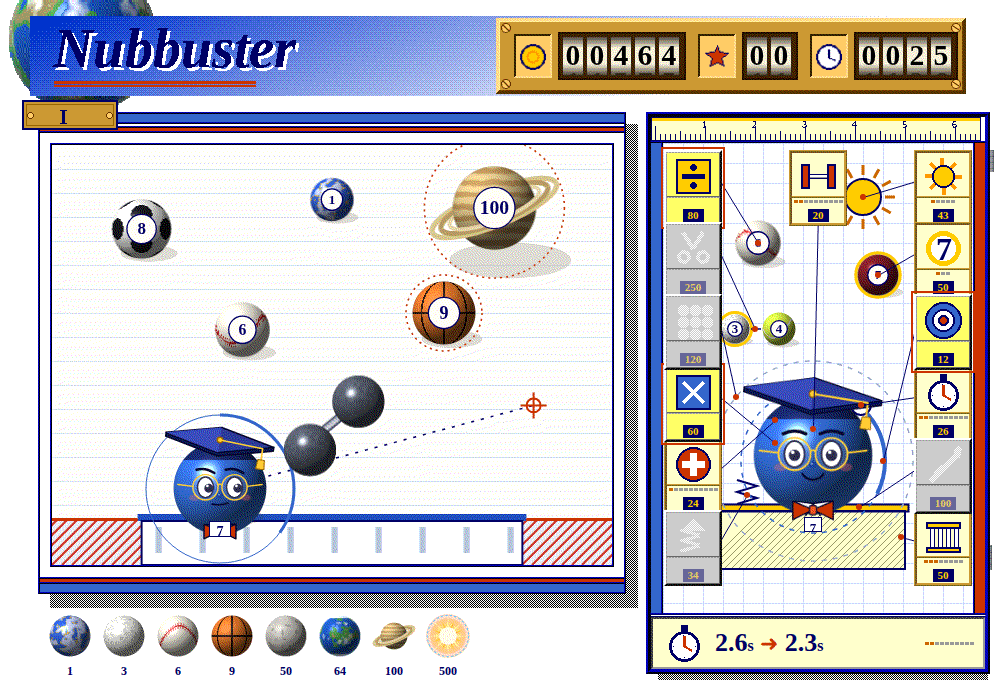 v5_full_screen.png: early mockups (`docs/design/reference/`), when the game was "Nubbuster". They show the airy CD-ROM page, navy and primaries, serif titles and playful overlap. The shipped game is quieter.